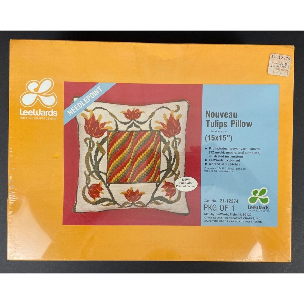 Vintage 1976 LeeWards Nouveau Tulips Crewel 15" Pillow Kit Brand New Sealed